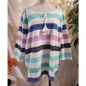 T by Talbots Striped Lace Up Rope Tassel 3/4 Sleeve Pullover Top Plus Size 3X